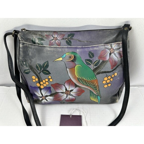 Anuschka Hand-Painted Leather Medium Cross Body Bag Bird On a Branch - Picture 2 of 12